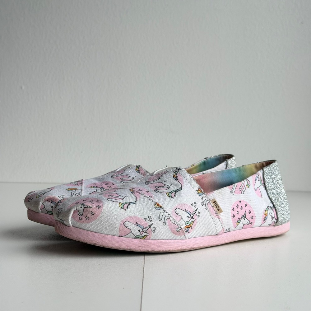 TOMS Classic Slip On Womens 8 White Pink Unicorn Glitter Rainbow Canvas Flats